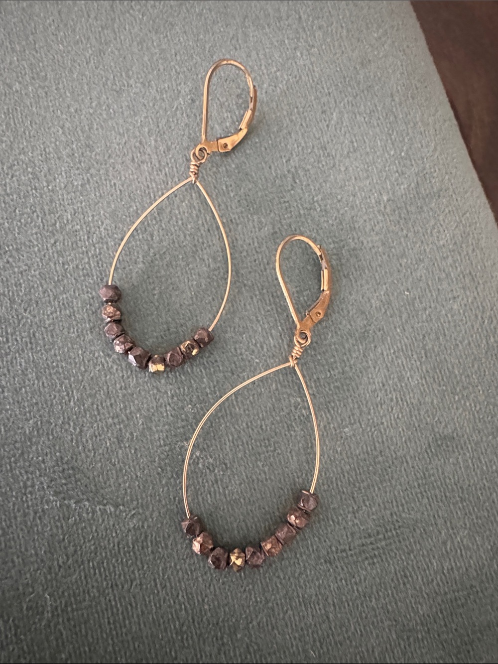 Handcrafted Gold Teardrop Earrings with Dark Brown Beads